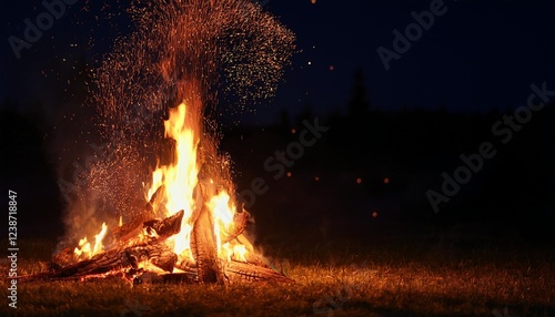 night bonfire with sparks fire background with copyspace
