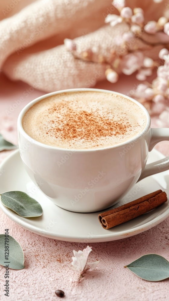 Stylish Latte with Cinnamon on a Pink Background for Cozy Vibes Stylish Latte with Cinnamon on a Pink Background for Cozy Vibes