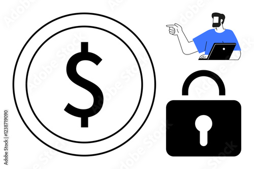 Dollar sign inside a circle, a secure lock, and a person using a laptop while pointing. Ideal for online banking, financial security, cybersecurity, digital transactions, savings, investments data