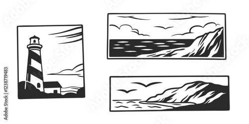 Hand-Drawn Seascape with Lighthouse – Coastal Landscape Sketch Illustration