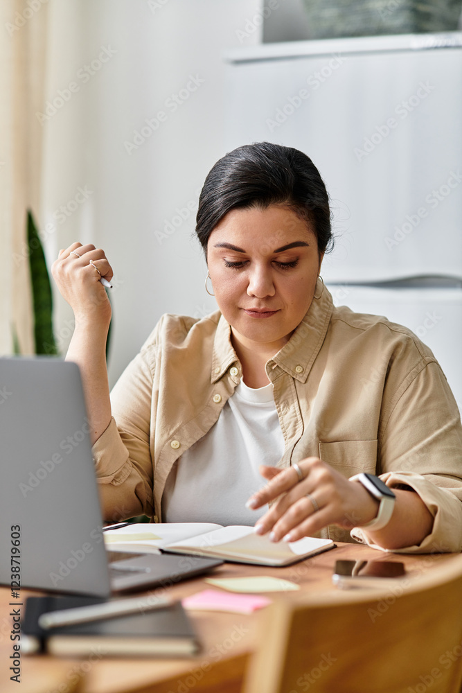 A beautiful plus sized woman thoughtfully writes notes at her desk, surrounded by a calm atmosphere. A beautiful plus sized woman thoughtfully writes notes at her desk, surrounded by a calm atmosphere.