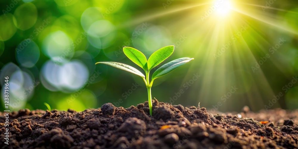 A Single Seedling Reaches for the Sunlight, Bokeh Background A Single Seedling Reaches for the Sunlight, Bokeh Background