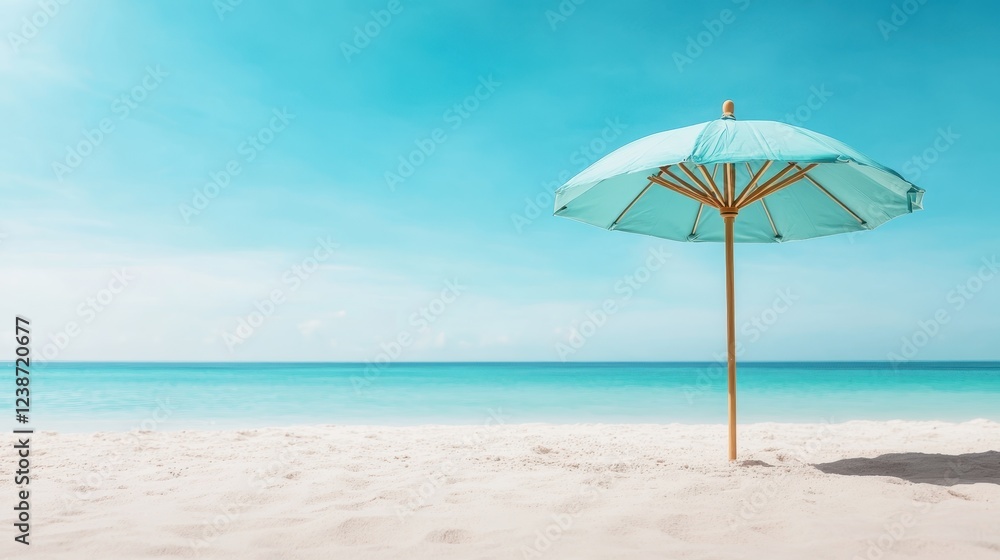 A captivating scene showcasing a turquoise beach umbrella standing alone on a sandy shore, inviting vacationers to enjoy the peacefulness of the gentle waves and clear sky. A captivating scene showcasing a turquoise beach umbrella standing alone on a sandy shore, inviting vacationers to enjoy the peacefulness of the gentle waves and clear sky.