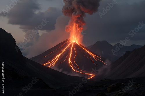 A volcanic eruption with lava flowing down the slopes, surrounded by dark mountains and a cloudy sky. photo