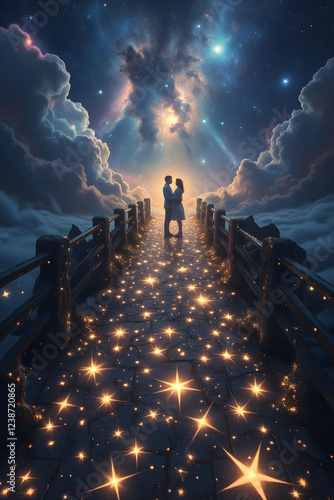 A dreamy cosmic scene, two lovers standing on a bridge made entirely of glowing stars, galaxies swirling behind them photo