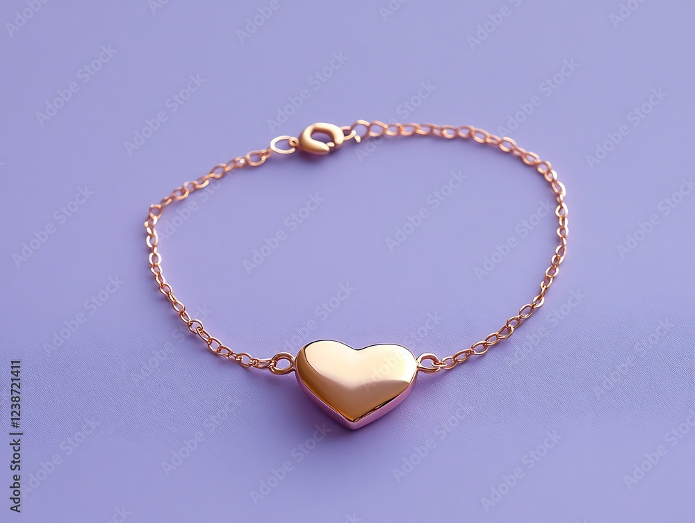 A single rose gold heart charm bracelet, delicately displayed on a solid pastel lavender background A single rose gold heart charm bracelet, delicately displayed on a solid pastel lavender background