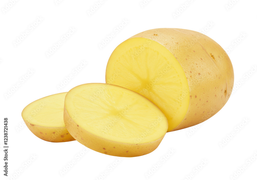 Whole yellow potatoes with two slices in front isolated on white background Whole yellow potatoes with two slices in front isolated on white background
