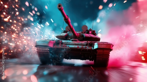 A fierce tank drives forward amidst a backdrop of dazzling explosions, showcasing a striking contrast between military power and vibrant colors that evoke intense emotions. photo