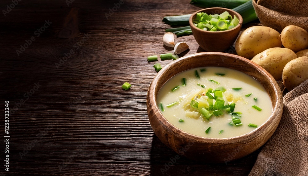 potato leek soup in wood bowl with rustic composition potato leek soup in wood bowl with rustic composition