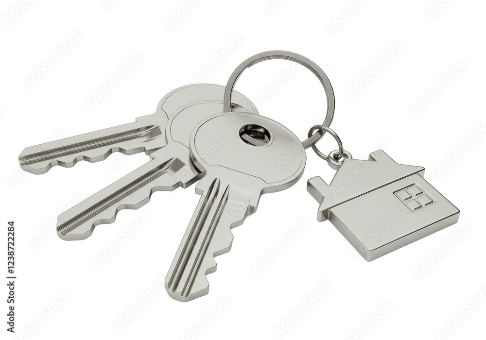 Silver keys with a house-shaped keychain isolated on white background Silver keys with a house-shaped keychain isolated on white background
