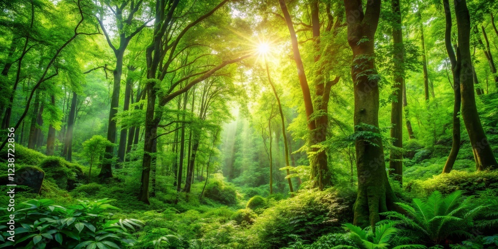 Fototapeta premium Sunbeams Filtering Through a Lush Green Forest Canopy