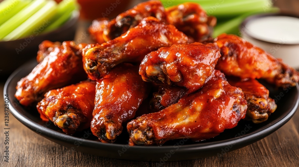 A mouth-watering plate of spicy chicken wings glistening with sauce, accompanied by refreshing celery and creamy dip on a wooden table, perfect for gatherings or parties. A mouth-watering plate of spicy chicken wings glistening with sauce, accompanied by refreshing celery and creamy dip on a wooden table, perfect for gatherings or parties.