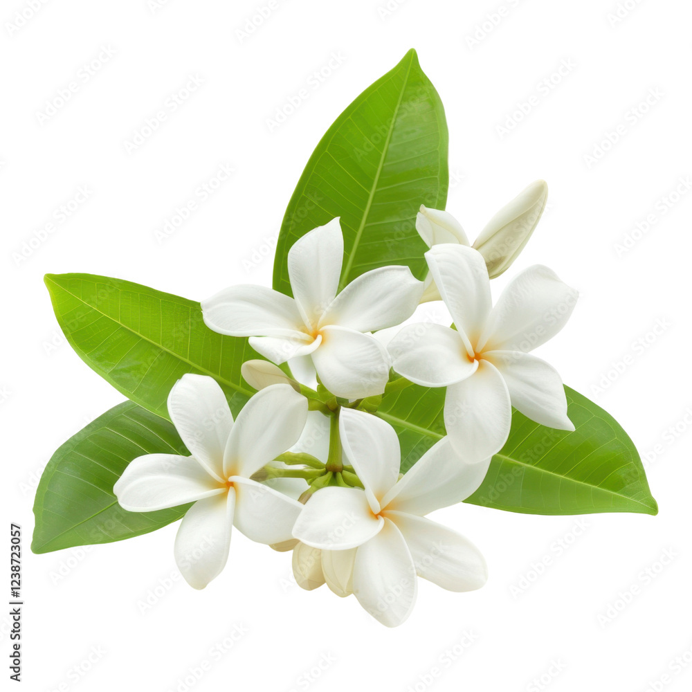 Obraz premium beautiful arrangement of white flowers with green leaves, symbolizing purity and tranquility. Perfect for nature themed designs