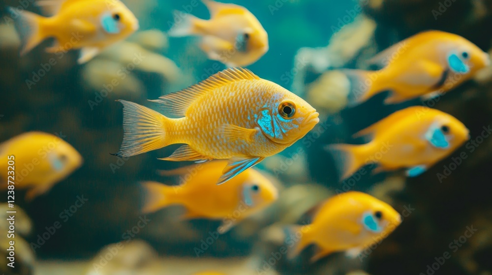 Vibrant yellow cichlids swim together in a clear aquarium setting, showcasing their vivid colors and active behavior in the serene underwater habitat Vibrant yellow cichlids swim together in a clear aquarium setting, showcasing their vivid colors and active behavior in the serene underwater habitat