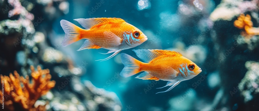 Two vivid goldfish glide through clear water, showcasing their orange scales among colorful corals and aquatic plants in a lively underwater environment Two vivid goldfish glide through clear water, showcasing their orange scales among colorful corals and aquatic plants in a lively underwater environment