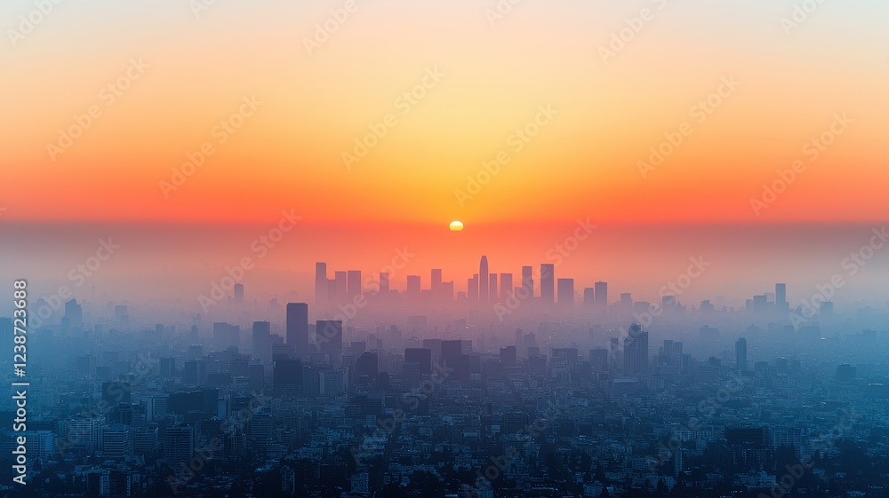 Polution in city, A breathtaking sunrise casts a vibrant orange glow over a city skyline, enveloped in soft fog, creating a serene urban landscape. Polution in city, A breathtaking sunrise casts a vibrant orange glow over a city skyline, enveloped in soft fog, creating a serene urban landscape.