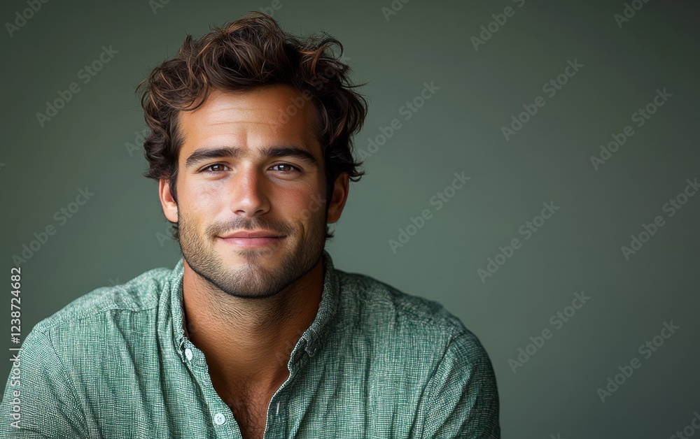 Fototapeta premium A man with a mustache and a floral shirt is smiling