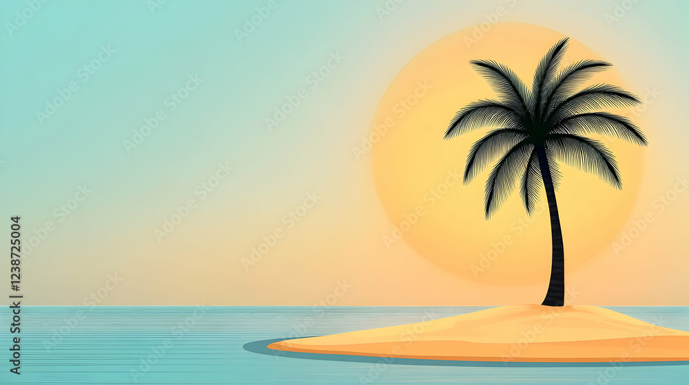 Obraz premium Tropical sunset, lone palm tree on small island, tranquil ocean; perfect for travel brochures
