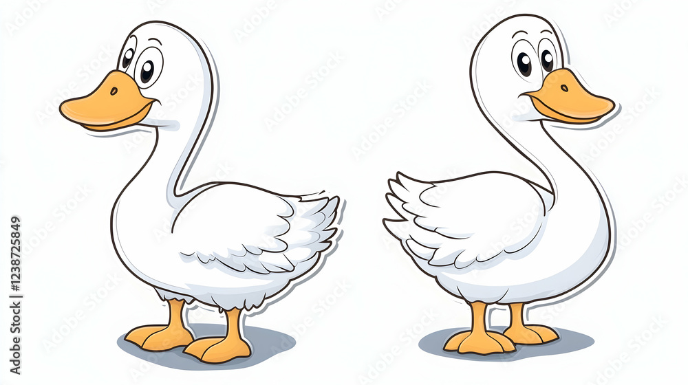 Obraz premium Two cute cartoon ducks, side profiles, white background, children's book illustration
