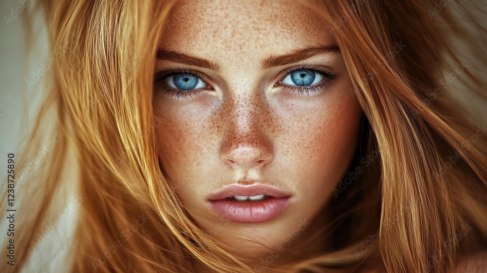 A beautiful woman with long brown hair and blue eyes, wearing makeup, gazing directly at the camera A beautiful woman with long brown hair and blue eyes, wearing makeup, gazing directly at the camera