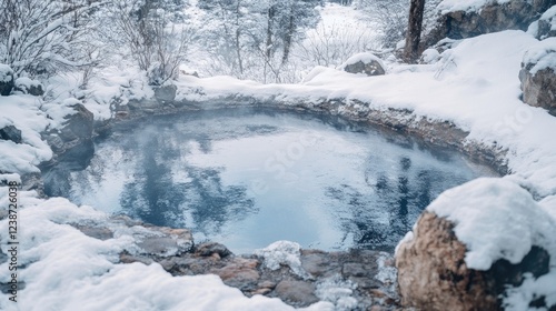 Serene Winter Hot Spring Surrounded by Snow Covered Rocks and Trees