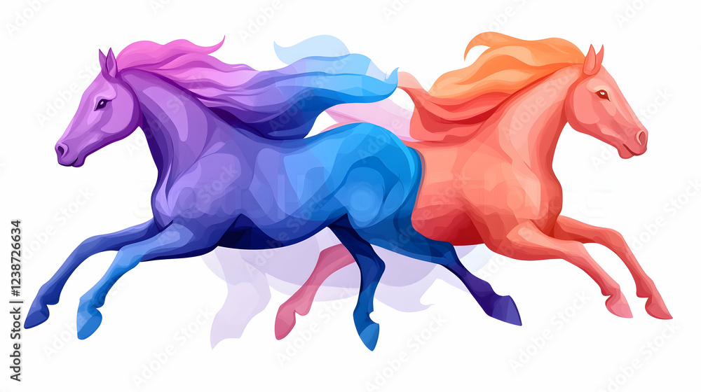 Fototapeta premium Two vibrant horses galloping, colorful mane and tail, white background, art illustration, for design use