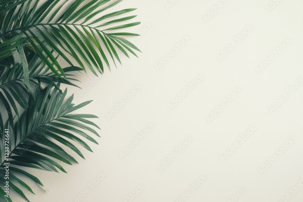 Lush green palm leaves against a beige background.