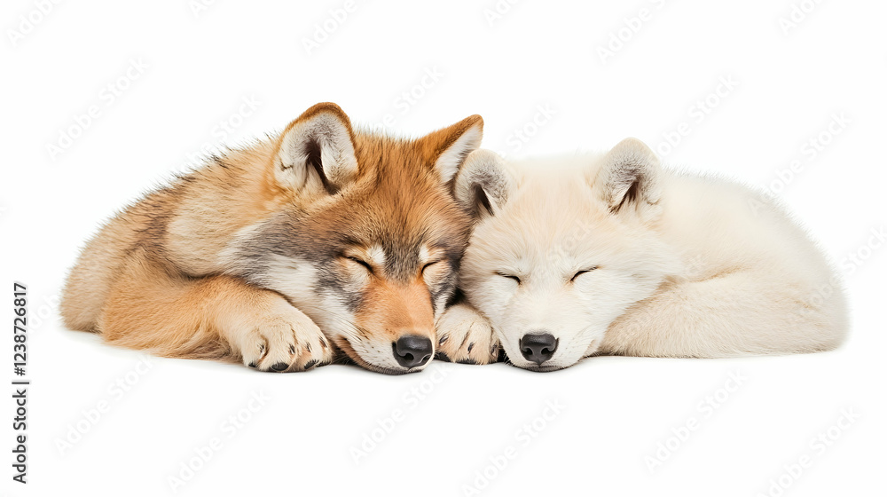 Obraz premium Two wolf pups cuddling, sleeping peacefully on white background; perfect for pet, wildlife, or nature themed projects
