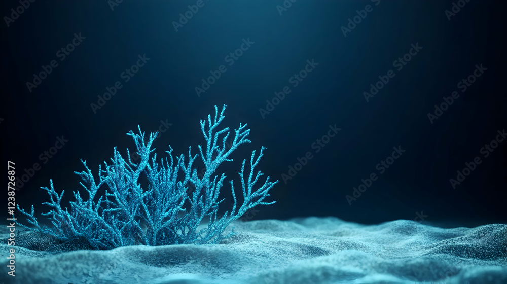 Obraz premium Underwater blue coral reef, sandy ocean floor, dark background, nature scene, marine life