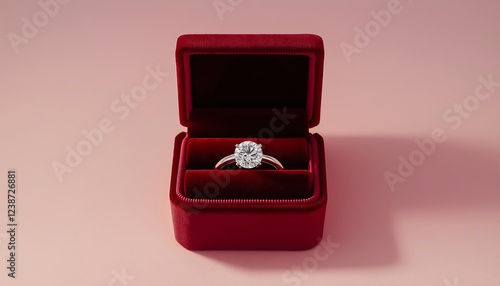 A glittering diamond ring inside an open red velvet box placed on a plain pale pink background, evoking love and commitment