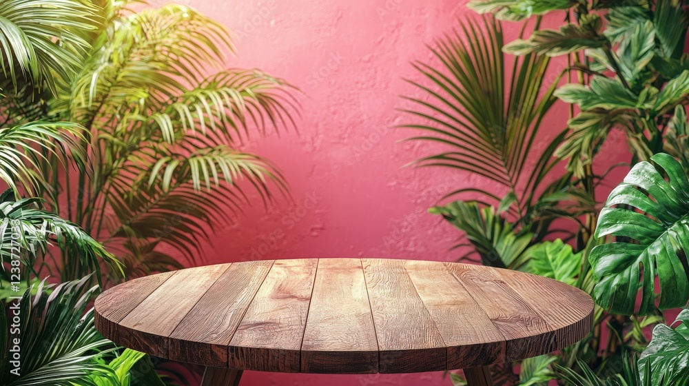 Fototapeta premium Stylish Wooden Table Surrounded by Lush Green Tropical Plants