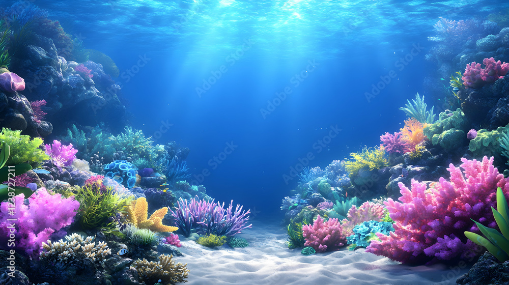Obraz premium Vibrant coral reef underwater scene, sunlight beams, ocean floor background; ideal for marine life documentaries