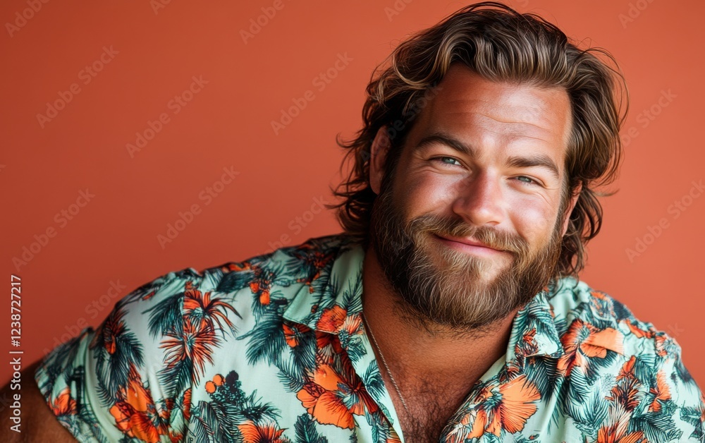 A man with a mustache and a floral shirt is smiling A man with a mustache and a floral shirt is smiling