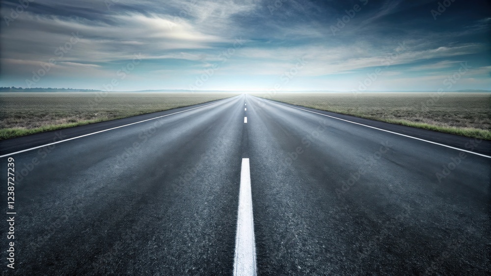 Fototapeta premium Asphalt highway vanishing point, leading towards a hazy horizon under a dramatic sky