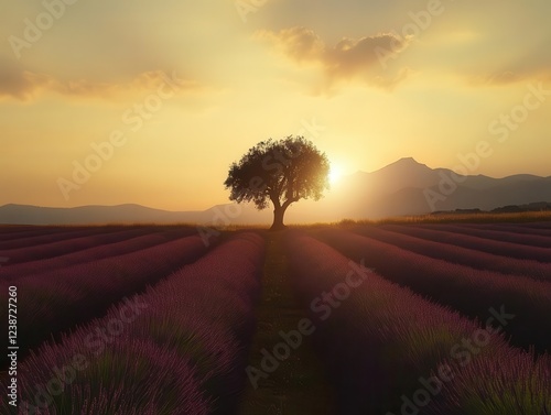 dramatic sunset over endless purple lavender rows leading to solitary ancient olive tree, mont ventoux silhouette in background, golden hour lighting creates long shadows photo