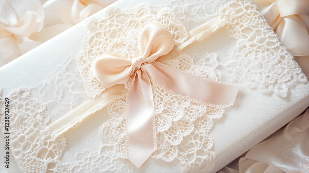 繊細なレースとリボンで飾られたエレガントなギフトボックス。結婚式や特別な日の贈り物に最適。generative ai 繊細なレースとリボンで飾られたエレガントなギフトボックス。結婚式や特別な日の贈り物に最適。generative ai