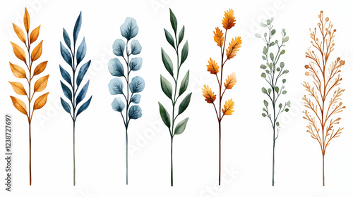 Watercolor autumn foliage sprigs; design elements; white background; website decoration