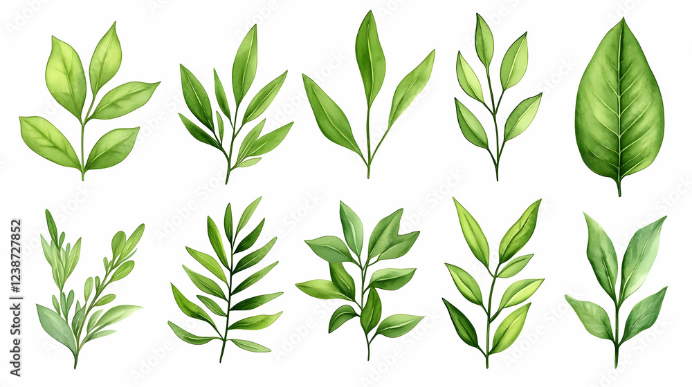 Watercolor green leaves collection; various plants; isolated on white; design elements Watercolor green leaves collection; various plants; isolated on white; design elements