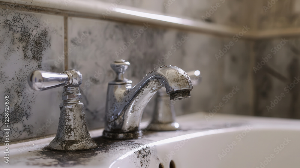 close up of ceramic sink with black mold and tarnished faucet close up of ceramic sink with black mold and tarnished faucet