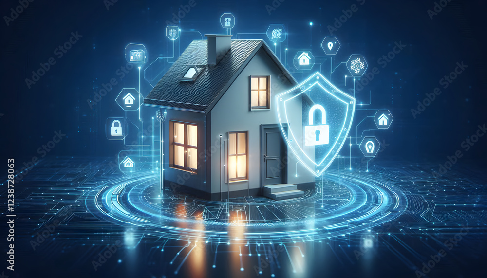 Smart Home Security Concept with Glowing Holographic Padlock and shield overlaid on it symbolizes a safe and secure home. Home Digital Network Conection. Smart Home Security Concept with Glowing Holographic Padlock and shield overlaid on it symbolizes a safe and secure home. Home Digital Network Conection.