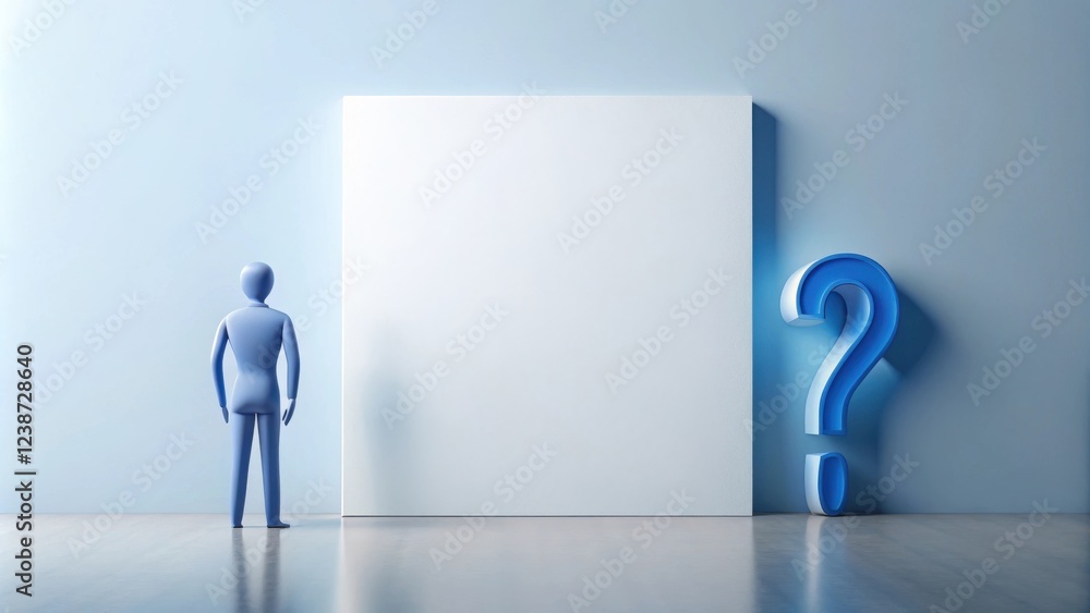 A person contemplates an unknown future, symbolized by a large question mark and a blank canvas
