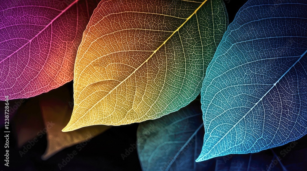 Obraz premium Vibrant Leaf Close-up: Colorful Nature Texture, Abstract Botanical Art, Macro Photography, Floral Design, Nature Background