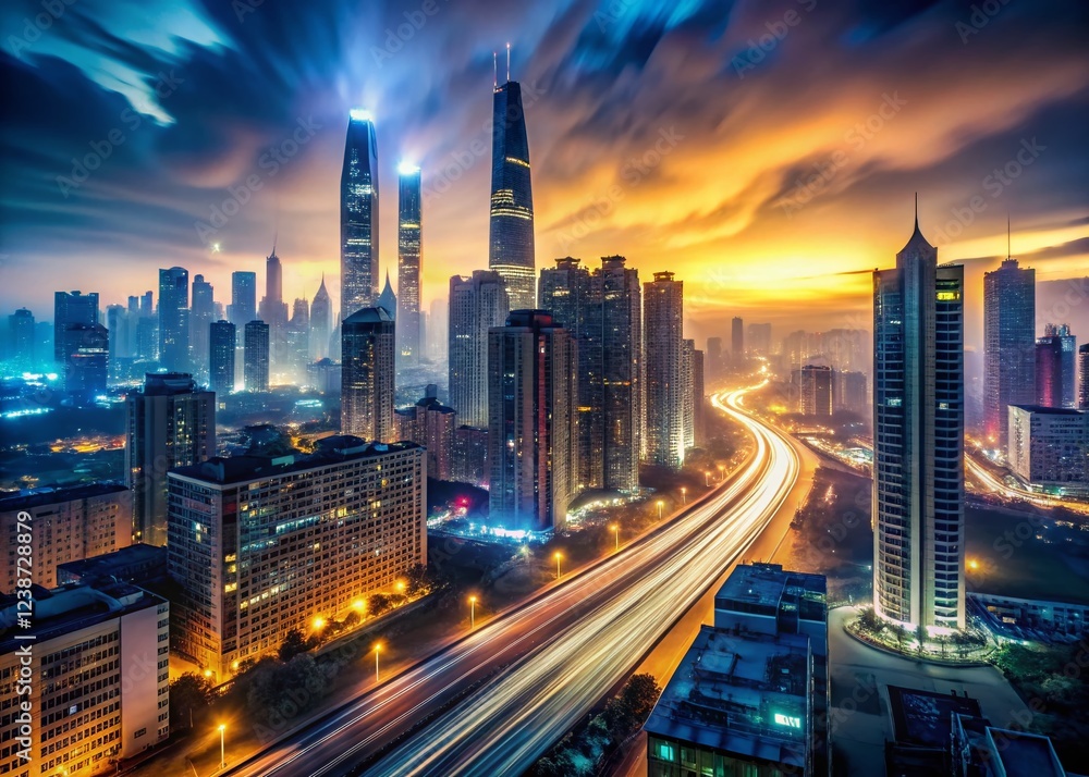 Fototapeta premium Dystopian Cityscape at Night: Long Exposure of Glowing Towers and Smog