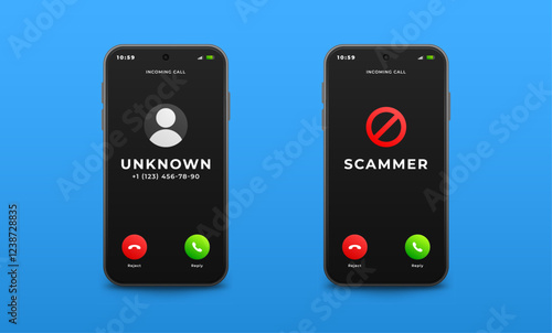 Unknown incoming call on the smartphone screen, vector illustration. The scammer is calling.