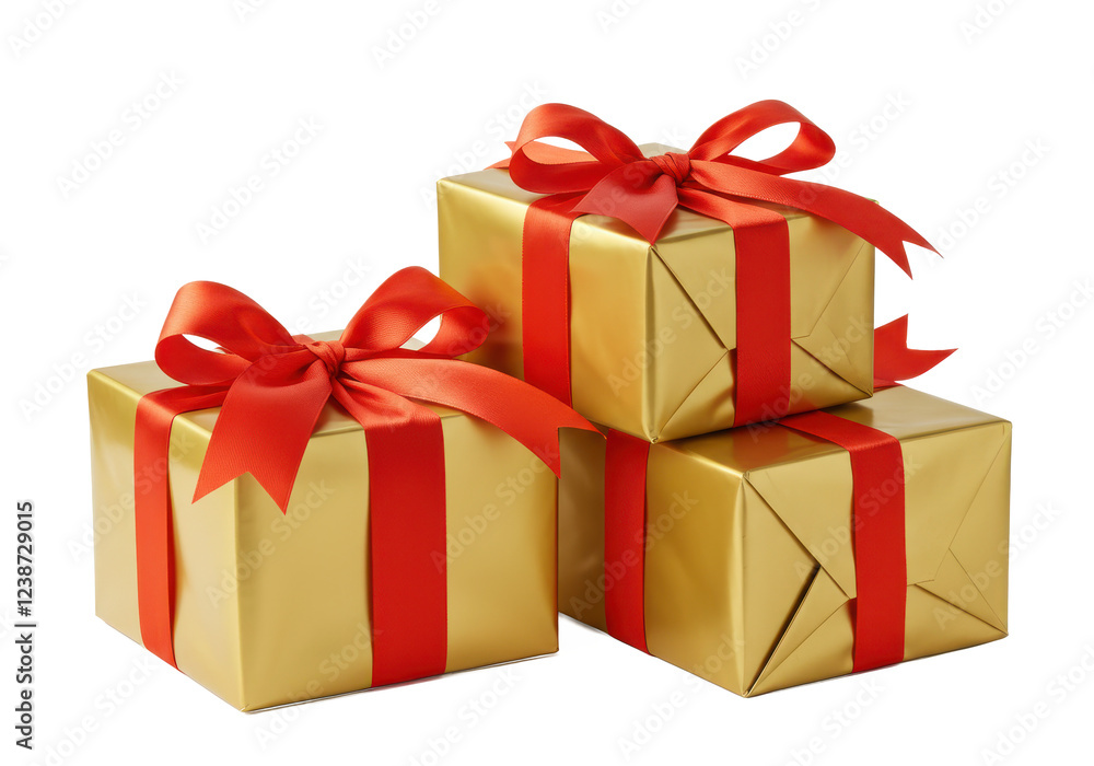A set of three golden gift boxes, each wrapped with a vibrant red ribbon and bow, arranged in a stacked formation, isolated on a white background A set of three golden gift boxes, each wrapped with a vibrant red ribbon and bow, arranged in a stacked formation, isolated on a white background
