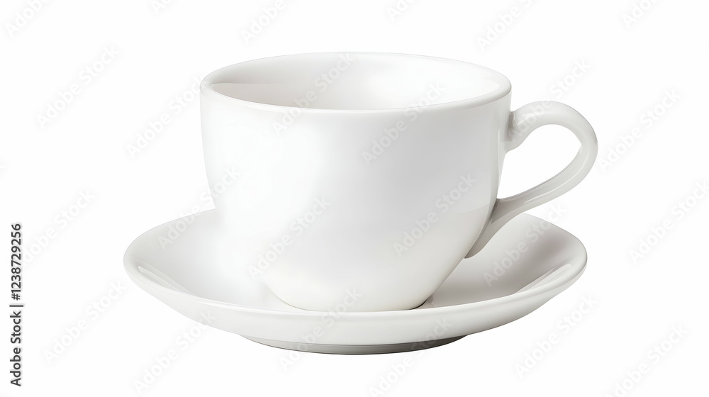 White teacup and saucer on white background, perfect for cafe menu or website White teacup and saucer on white background, perfect for cafe menu or website