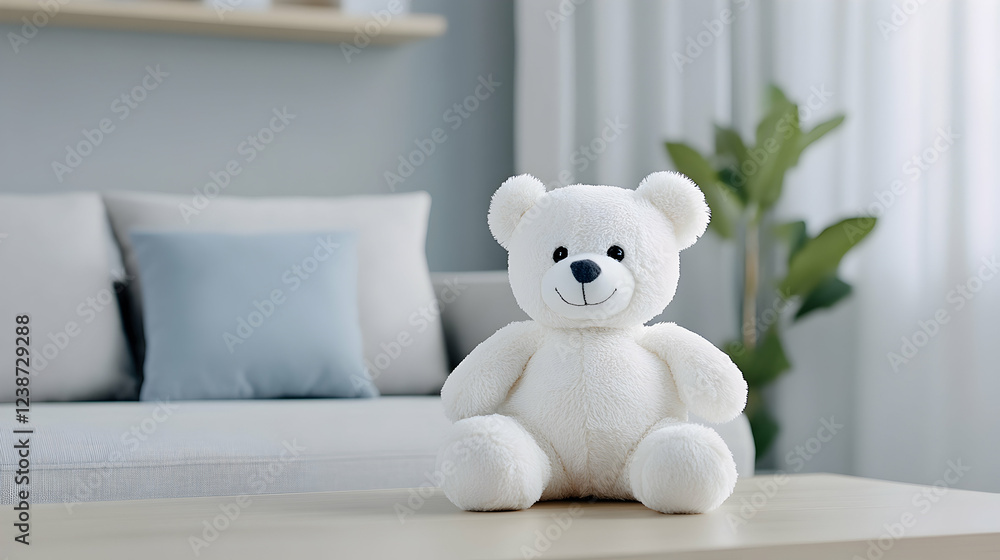 White teddy bear on coffee table in modern living room, calm background, perfect for children's website White teddy bear on coffee table in modern living room, calm background, perfect for children's website