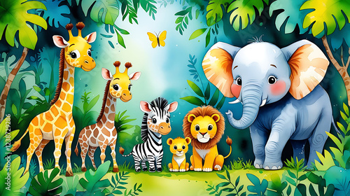 Fototapeta Naklejka Na Ścianę i Meble -  Whimsical Jungle Animals Watercolor Illustration