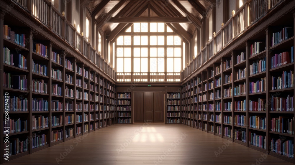 Fototapeta premium Serene Library Interior with Wooden Shelves and Natural Light