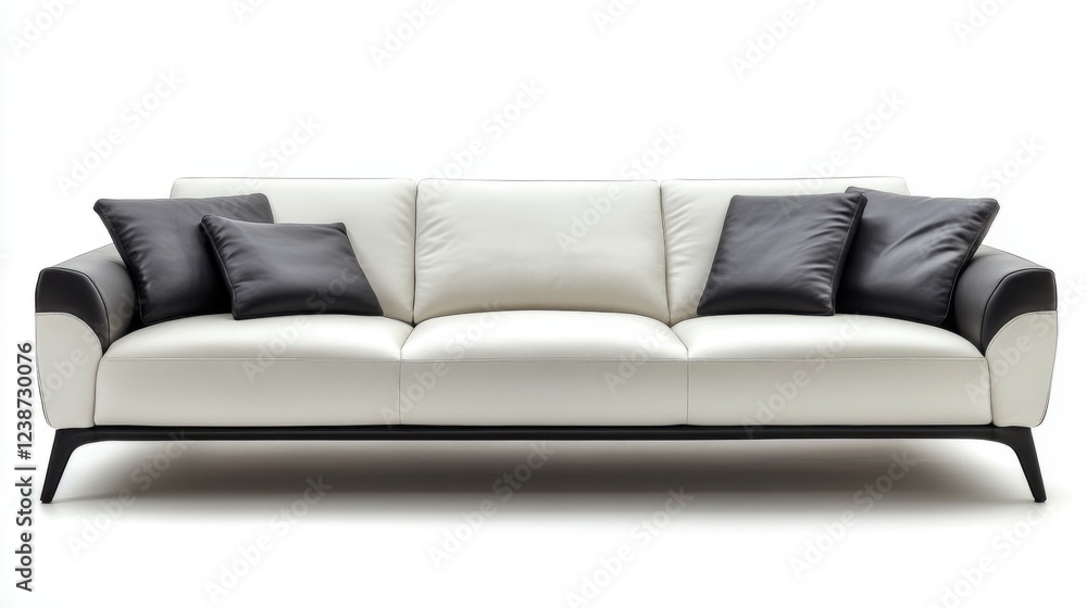 Fototapeta premium Modern minimalist white leather sofa with black accents and plush cushions, perfect for contemporary living room decor and stylish interior design ideas.